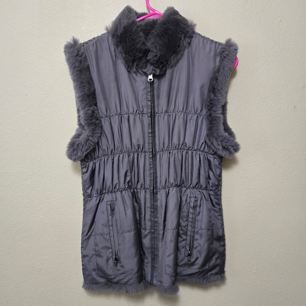 Linda Richards Luxury Reversible Rabbit Fur Silk Wool Vest Grey Medium